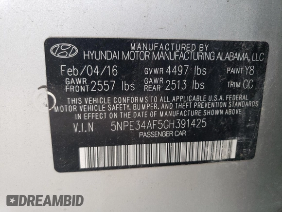 2016 Hyundai Sonata Sport with VIN 5NPE34AF5GH391425, listed as a Copart auction lot 52897415 with 62,761 mi miles and Clean Title. Bid and sale history available at DreamBid. Image 13.