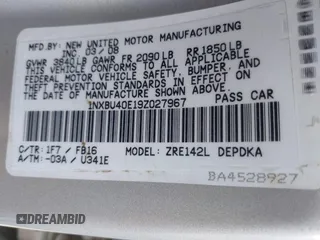 2009 Toyota Corolla with VIN 1NXBU40E19Z027967, listed as a IAAI auction lot 41922518 with 117,115 mi miles. Bid and sale history available at carsss.com. Image 9.