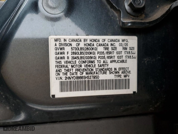 2005 Acura MDX Touring with VIN 2HNYD18665H527950, listed as a Copart auction lot 84299514 with 0 mi miles and Salvage Title. Bid and sale history available at carsss.com. Image 15.