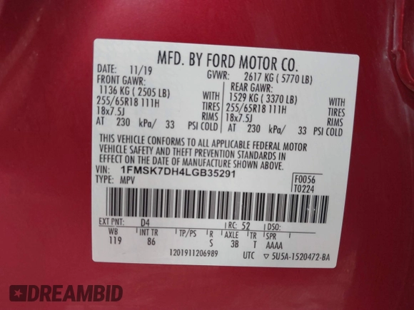 2020 Ford Explorer XLT with VIN 1FMSK7DH4LGB35291, listed as a IAAI auction lot 41261829 with 144,753 mi miles and . Bid and sale history available at DreamBid. Image 9.