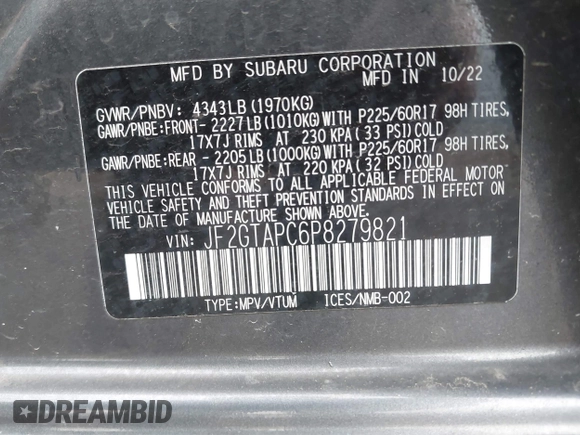 2023 Subaru Crosstrek Premium with VIN JF2GTAPC6P8279821, listed as a IAAI auction lot 42204345 with 23,873 mi miles and . Bid and sale history available at DreamBid. Image 9.