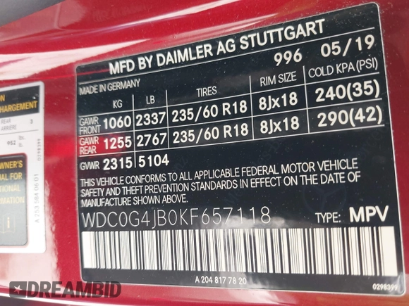 2019 Mercedes-Benz GLC 300 with VIN WDC0G4JB0KF657118, listed as a IAAI auction lot 42318010 with 77,578 mi miles and . Bid and sale history available at DreamBid. Image 9.