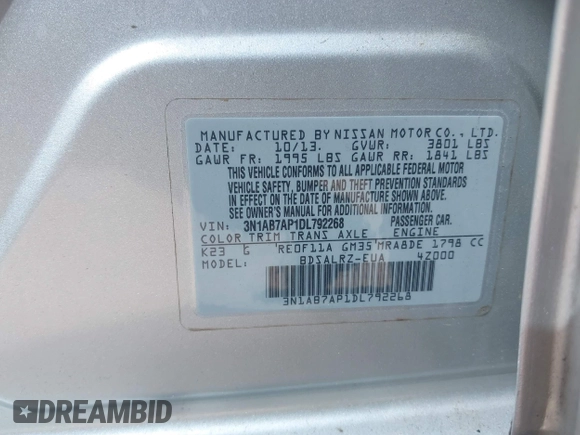 2013 Nissan Sentra SR z VIN 3N1AB7AP1DL792268, wystawiony jako IAAI lot #41790764 z przebiegiem 161 414 mil mil oraz . Historia ofert i sprzedaży dostępna na DreamBid. Obrazek 9.