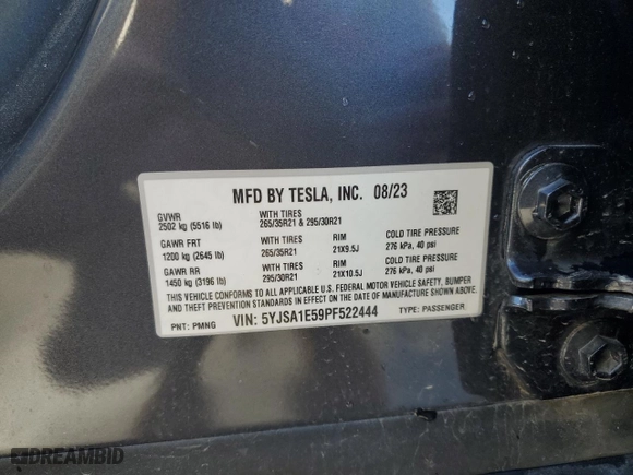 2023 Tesla Model S with VIN 5YJSA1E59PF522444, listed as a Copart auction lot 49835095 with 0 mi miles and Salvage Title. Bid and sale history available at carsss.com. Image 12.
