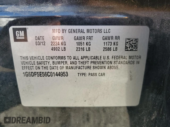 2012 Cadillac CTS Luxury with VIN 1G6DF5E56C0144953, listed as a Copart auction lot 51704895 with 123,099 mi miles and Salvage Title. Bid and sale history available at DreamBid. Image 12.