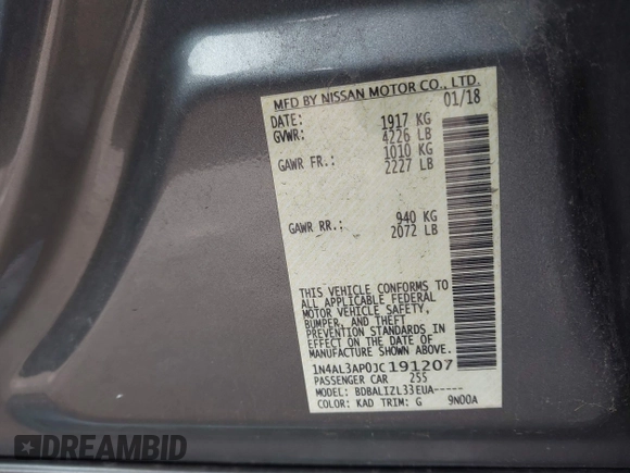 2018 Nissan Altima SR with VIN 1N4AL3AP0JC191207, listed as a IAAI auction lot 42033493 with 104,822 mi miles and . Bid and sale history available at carsss.com. Image 9.