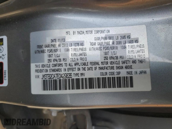 2014 Mazda CX-9 Touring with VIN JM3TB2CA7E0429836, listed as a Copart auction lot 52847175 with Not Provided miles and Clean Title. Bid and sale history available at carsss.com. Image 14.