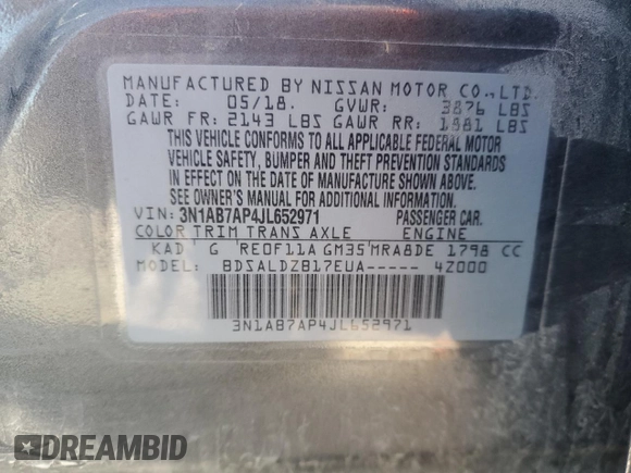 2018 Nissan Sentra SV with VIN 3N1AB7AP4JL652971, listed as a Copart auction lot 50880354 with 53,627 mi miles and Salvage Title. Bid and sale history available at carsss.com. Image 12.