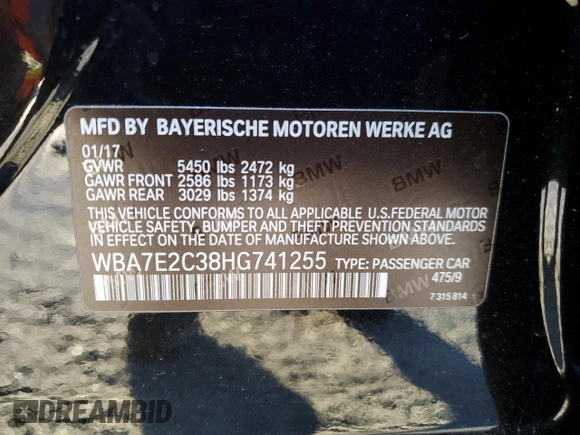 2017 BMW 7 Series 740i with VIN WBA7E2C38HG741255, listed as a Copart auction lot 39926213 with 76,321 mi miles. Bid and sale history available at carsss.com. Image 12.