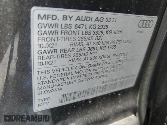 2021 Audi Q8 Premium Plus with VIN WA1BVAF10MD034366, listed as a Copart auction lot 59676554 with 50,640 mi miles and Salvage Title. Bid and sale history available at carsss.com. Image 13.