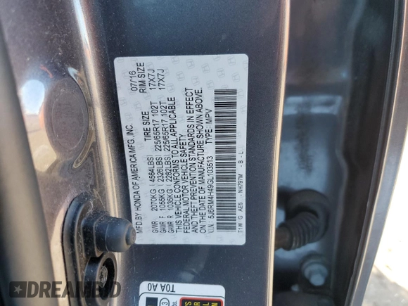 2016 Honda CR-V SE with VIN 5J6RM4H49GL103513, listed as a Copart auction lot 85911354 with 90,434 mi miles and Salvage Title. Bid and sale history available at carsss.com. Image 15.