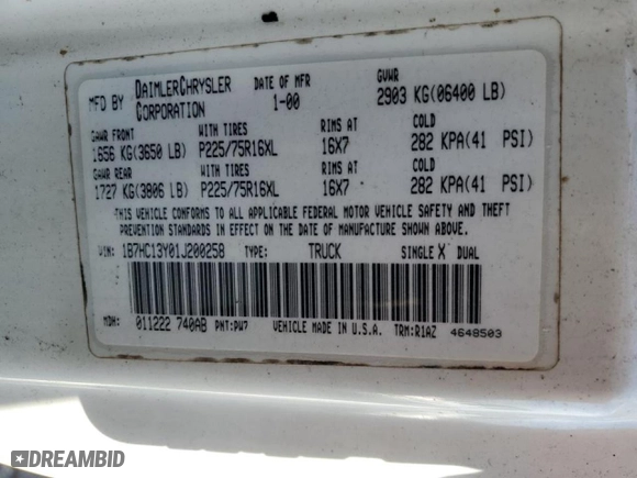2001 Dodge Ram 1500 with VIN 1B7HC13Y01J200258, listed as a Copart auction lot 45881305 with 0 mi miles and Salvage Title. Bid and sale history available at carsss.com. Image 14.