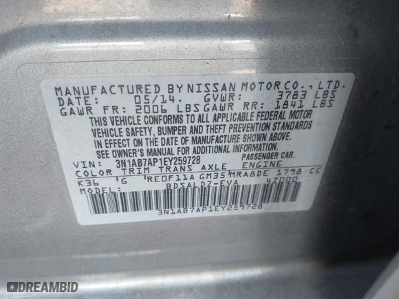 2014 Nissan Sentra SV with VIN 3N1AB7AP1EY259728, listed as a IAAI auction lot 41494434 with 103,413 mi miles. Bid and sale history available at carsss.com. Image 9.