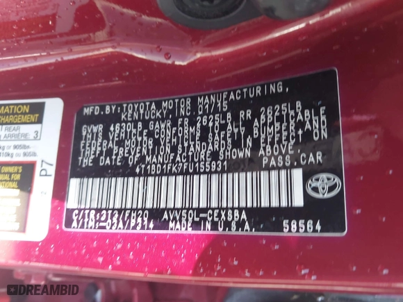 2015 Toyota Camry Hybrid LE with VIN 4T1BD1FK7FU155931, listed as a IAAI auction lot 41794523 with 90,730 mi miles. Bid and sale history available at carsss.com. Image 9.