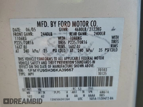 2006 Ford Escape with VIN 1FMYU95H36KA39667, listed as a Copart auction lot 80502834 with 171,026 mi miles and Salvage title. Bid and sale history available at DreamBid. Image 13.