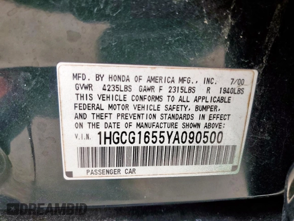 2000 Honda Accord EX с VIN 1HGCG1655YA090500, выставлен на аукционе Copart как лот 57306215 с пробегом 140 080 миль миль и Списание • Salvage title. История ставок и продаж доступна на DreamBid. Изображение 13.