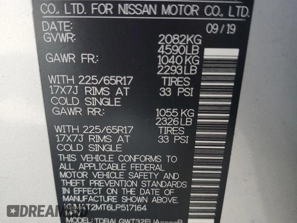 2020 Nissan Rogue SV with VIN KNMAT2MT6LP517164, listed as a Copart auction lot 59956495 with 92,850 mi miles and Non repairable. Bid and sale history available at DreamBid. Image 13.