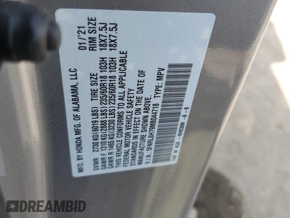 2021 Honda Odyssey EX-L with VIN 5FNRL6H79MB044718, listed as a Copart auction lot 65351134 with 28,888 mi miles and Salvage Title. Bid and sale history available at DreamBid. Image 13.