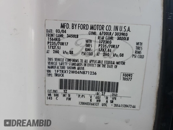 2004 Ford F-150 STX with VIN 1FTRX12W04NB71236, listed as a Copart auction lot 81882684 with 281,968 mi miles and Salvage title. Bid and sale history available at DreamBid. Image 12.
