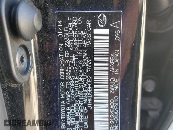 2014 Lexus CT 200h with VIN JTHKD5BH0E2178532, listed as a Copart auction lot 47211995 with 127,509 mi miles and Salvage Title. Bid and sale history available at DreamBid. Image 14.