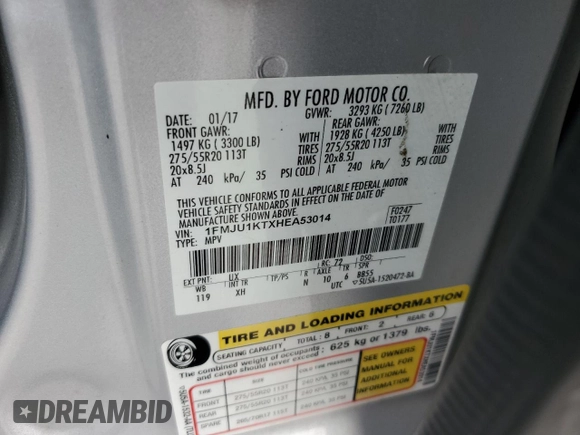 2017 Ford Expedition Limited with VIN 1FMJU1KTXHEA53014, listed as a Copart auction lot 58730125 with 152,061 mi miles and Salvage title. Bid and sale history available at DreamBid. Image 12.
