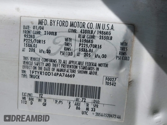2004 Ford Ranger XL with VIN 1FTYR10D14PA74669, listed as a IAAI auction lot 41974179 with 201,972 mi miles and . Bid and sale history available at DreamBid. Image 9.