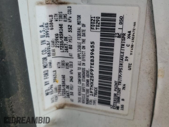 1996 Ford F-250 with VIN 1FTHX25F9TEB39655, listed as a Copart auction lot 42539695 with 188,160 mi miles and Salvage Title. Bid and sale history available at DreamBid. Image 12.