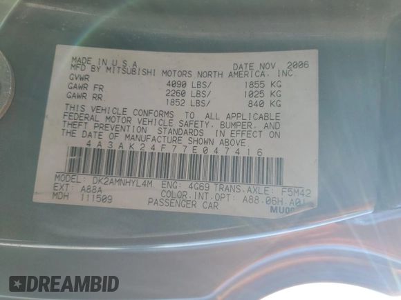 2007 Mitsubishi Eclipse GS with VIN 4A3AK24F77E047416, listed as a Copart auction lot 82710914 with Not Provided miles and Salvage Title. Bid and sale history available at carsss.com. Image 12.