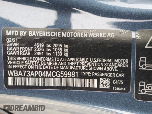 2021 BMW 4 Series 430i xDrive with VIN WBA73AP04MCG59981, listed as a Copart auction lot 46135765 with 37,966 mi miles and Salvage Title. Bid and sale history available at carsss.com. Image 12.