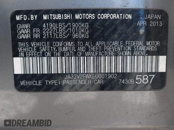 2014 Mitsubishi Lancer SE with VIN JA32V2FWXEU001902, listed as a IAAI auction lot 42116913 with 117,335 mi miles and . Bid and sale history available at carsss.com. Image 9.