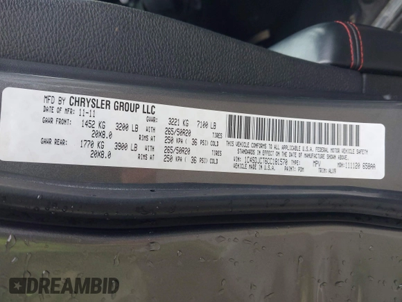 2012 Dodge Durango R/T with VIN 1C4SDJCT6CC181570, listed as a IAAI auction lot 41742385 with 223,775 mi miles and . Bid and sale history available at DreamBid. Image 9.