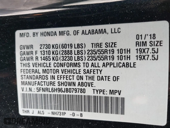 2018 Honda Odyssey Elite with VIN 5FNRL6H96JB079780, listed as a IAAI auction lot 41804787 with 62,861 mi miles. Bid and sale history available at carsss.com. Image 9.