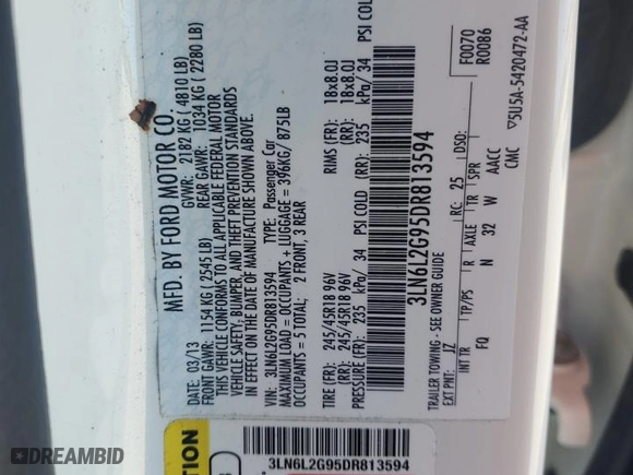 2013 Lincoln MKZ with VIN 3LN6L2G95DR813594, listed as a Copart auction lot 49281935 with 49,242 mi miles and Salvage Title. Bid and sale history available at carsss.com. Image 13.