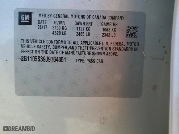 2018 Chevrolet Impala LT with VIN 2G1105S39J9104351, listed as a Copart auction lot 46696665 with 0 mi miles and Salvage Title. Bid and sale history available at carsss.com. Image 13.