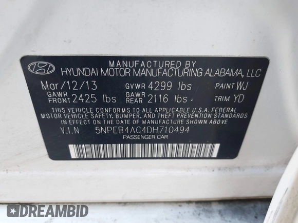 2013 Hyundai Sonata GLS z VIN 5NPEB4AC4DH710494, wystawiony jako IAAI lot #42310432 z przebiegiem 179 062 mil mil oraz . Historia ofert i sprzedaży dostępna na DreamBid. Obrazek 9.
