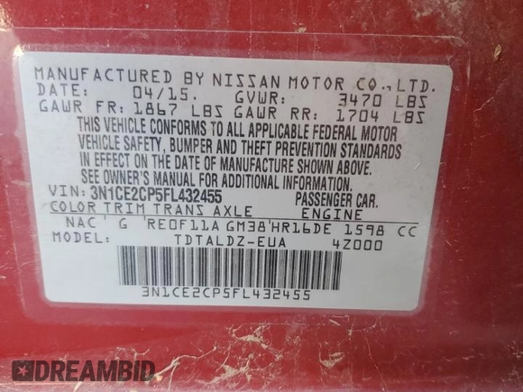 2015 Nissan Note S Plus with VIN 3N1CE2CP5FL432455, listed as a Copart auction lot 53910815 with 133,179 mi miles and Salvage title. Bid and sale history available at DreamBid. Image 12.