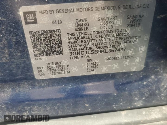 2019 Chevrolet Trax LT with VIN 3GNCJLSB9KL367437, listed as a Copart auction lot 53362295 with 110,112 mi miles and Salvage Title. Bid and sale history available at carsss.com. Image 13.