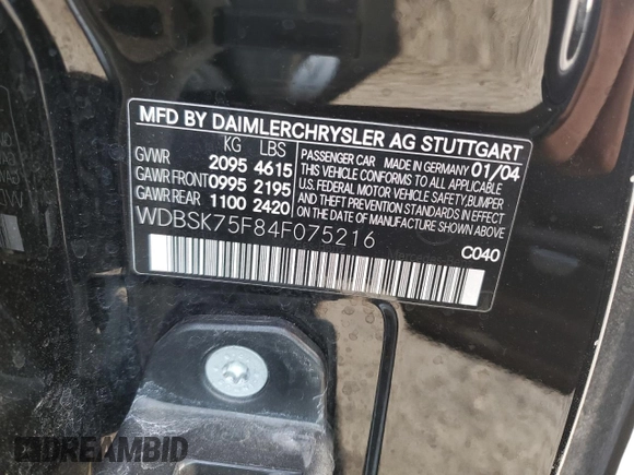 2004 Mercedes-Benz SL 500 z VIN WDBSK75F84F075216, wystawiony jako Copart lot #53121515 z przebiegiem Nie podano mil oraz Szkoda całkowita • Salvage title. Historia ofert i sprzedaży dostępna na DreamBid. Obrazek 14.