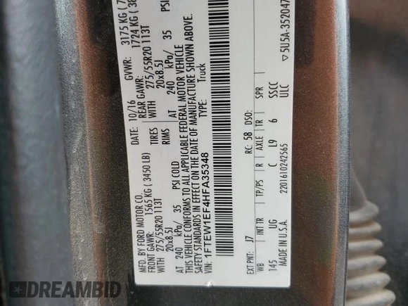 2017 Ford F-150 XL with VIN 1FTEW1EF4HFA35348, listed as a Copart auction lot 45012045 with 181,456 mi miles and Salvage Title. Bid and sale history available at carsss.com. Image 14.