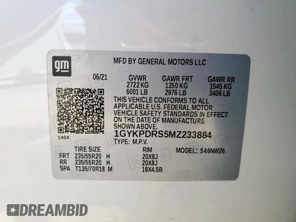 2021 Cadillac XT6 Premium Luxury with VIN 1GYKPDRS5MZ233884, listed as a Copart auction lot 58774595 with 47,490 mi miles and Salvage title. Bid and sale history available at DreamBid. Image 13.
