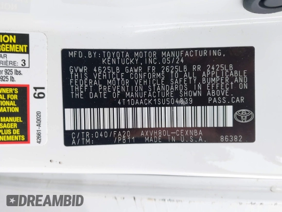 2025 Toyota Camry LE with VIN 4T1DAACK1SU504839, listed as a IAAI auction lot 41845964 with 11,934 mi miles and . Bid and sale history available at DreamBid. Image 9.
