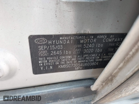 2004 Hyundai Santa Fe GLS with VIN KM8SC73D54U603804, listed as a IAAI auction lot 40842290 with 1 mi miles. Bid and sale history available at carsss.com. Image 9.