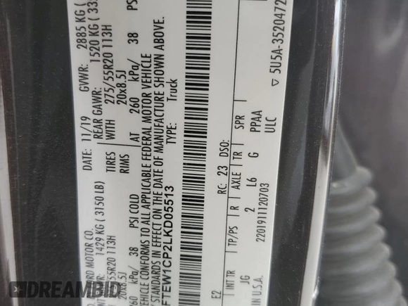2020 Ford F-150 XL with VIN 1FTEW1CP2LKD05513, listed as a Copart auction lot 59467125 with Not provided miles and Clean title. Bid and sale history available at DreamBid. Image 12.