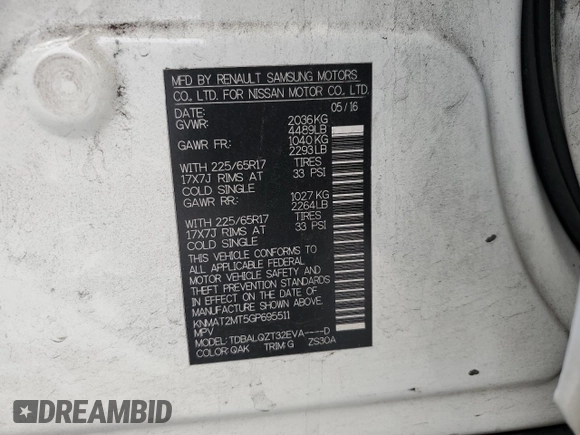 2016 Nissan Rogue SV with VIN KNMAT2MT5GP695511, listed as a Copart auction lot 53560245 with 165,771 mi miles and Salvage Title. Bid and sale history available at carsss.com. Image 13.