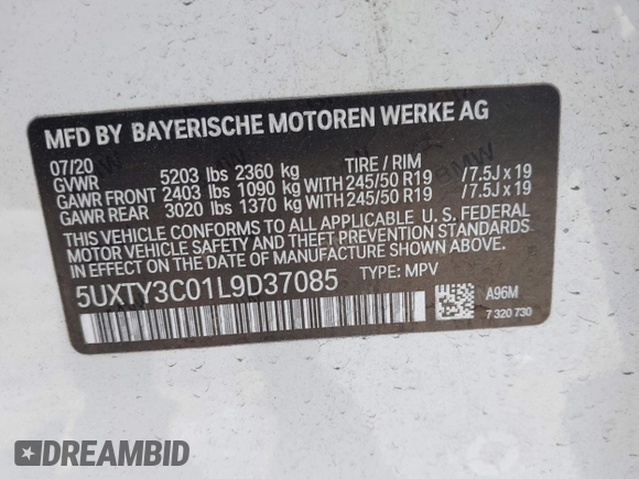 2020 BMW X3 sDrive30i with VIN 5UXTY3C01L9D37085, listed as a IAAI auction lot 42031517 with 54,114 mi miles and . Bid and sale history available at DreamBid. Image 9.