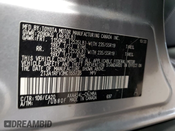2021 Toyota RAV4 XLE Premium with VIN 2T3A1RFV3MC155735, listed as a Copart auction lot 58738135 with 87,685 mi miles and Salvage title. Bid and sale history available at DreamBid. Image 13.