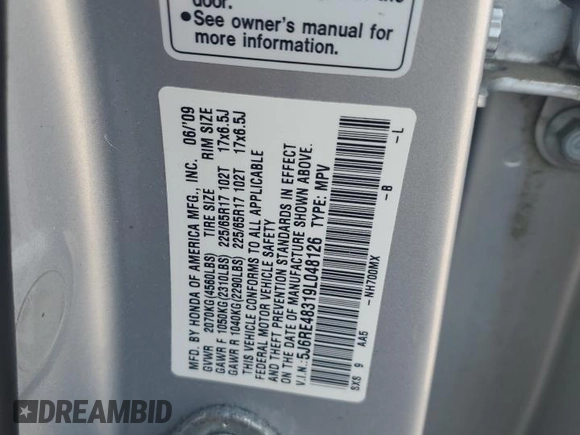 2009 Honda CR-V LX z VIN 5J6RE48319L048126, wystawiony jako Copart lot #59668385 z przebiegiem 191 638 mil mil oraz Szkoda całkowita • Salvage title. Historia ofert i sprzedaży dostępna na DreamBid. Obrazek 13.