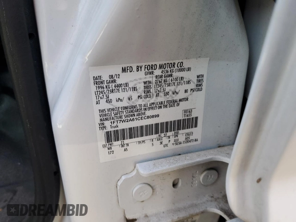 2012 Ford F-250 XL с VIN 1FT7W2A61CEC80899, выставлен на аукционе Copart как лот 85128254 с пробегом 202 573 миль миль и Списание • Salvage title. История ставок и продаж доступна на DreamBid. Изображение 12.