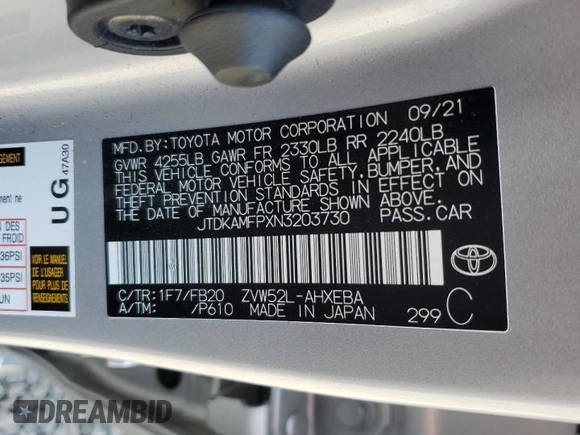 2022 Toyota Prius LE с VIN JTDKAMFPXN3203730, выставлен на аукционе Copart как лот 61597915 с пробегом 25 571 миль миль и Списание • Salvage title. История ставок и продаж доступна на DreamBid. Изображение 12.