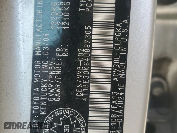 2004 Toyota Camry LE z VIN 4T1BE30K64U887305, wystawiony jako Copart lot #59349925 z przebiegiem 291 527 mil mil oraz Szkoda całkowita • Salvage title. Historia ofert i sprzedaży dostępna na DreamBid. Obrazek 12.